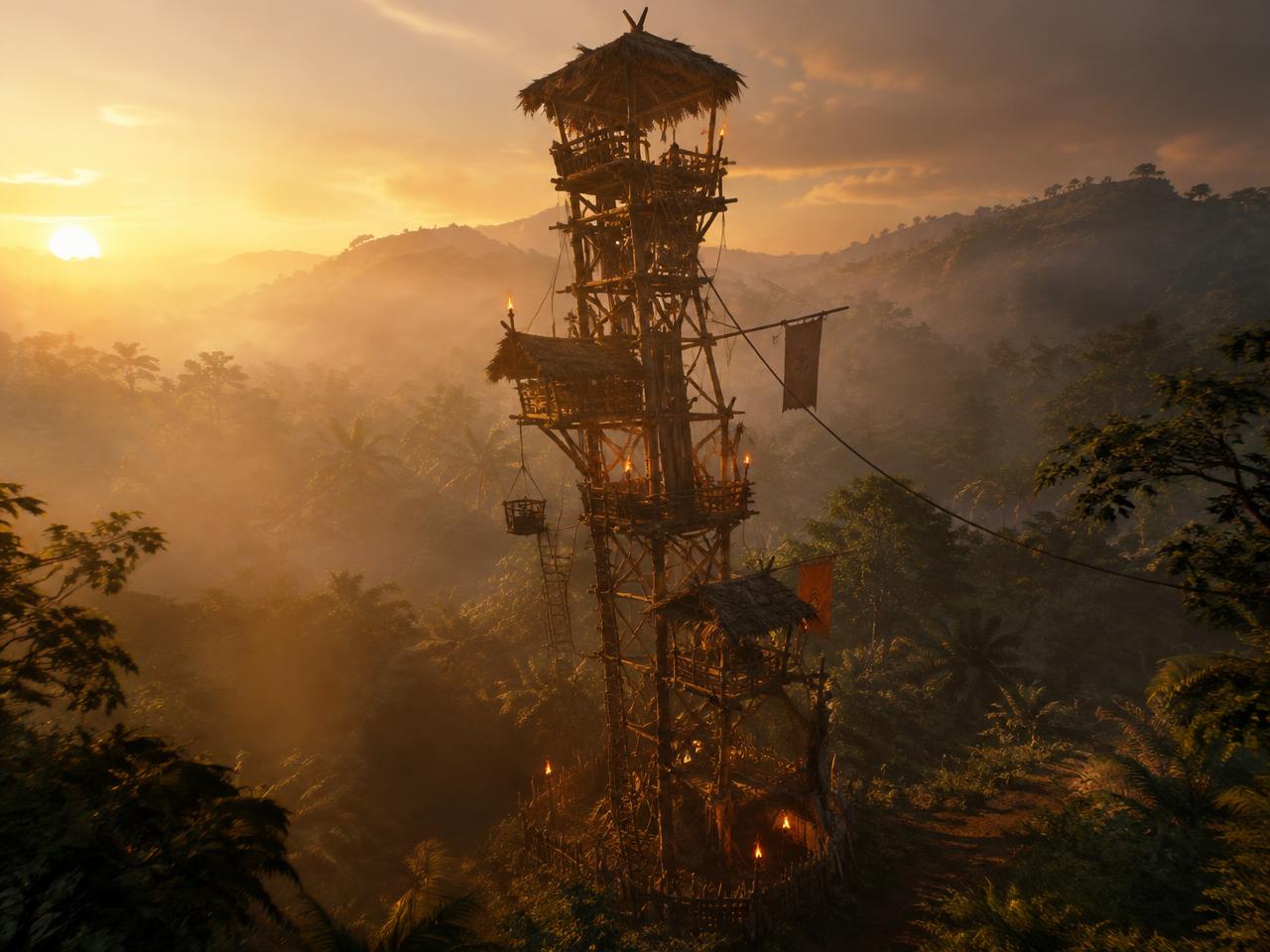 Illustratie van een houten toren in de jungle
